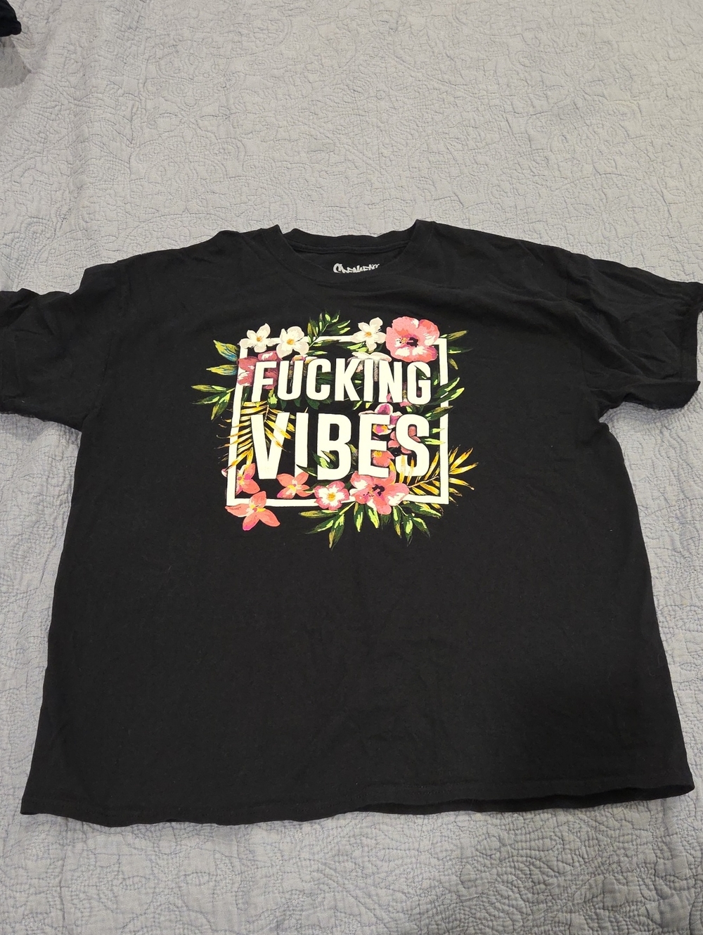 Spencer's Black T-Shirt with Floral "FUCKING VIBES" Graphic Size XL!